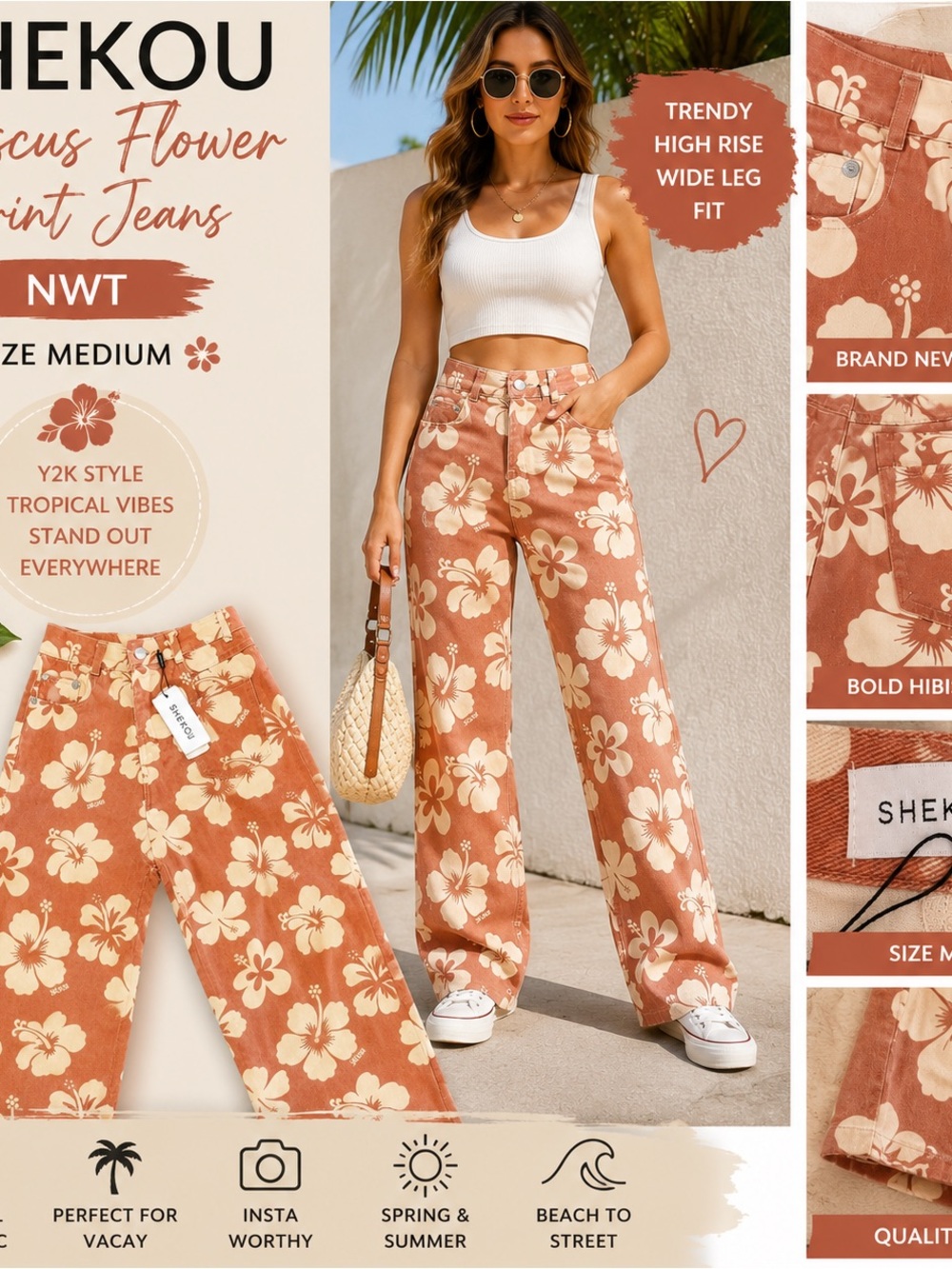 Shekou Hibiscus Flower Print High-Rise Wide Leg Jeans - Rust & Cream